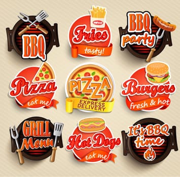 Fast food and BBQ Grill elements, Typographical Design Label or Sticer - burgers, pizza, hot dog, fries - Design Template. Vector illustration.