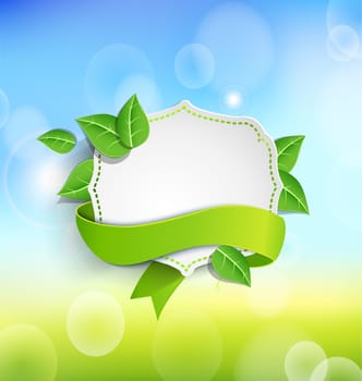 Vintage frame wit green ribbon against the background paper leaves and spring bokeh background. Vector illustration.