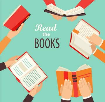 Vector set of hand holding books - icons in flat retro style.