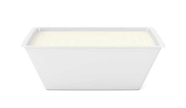 Margarine in open plastic packaging on white background