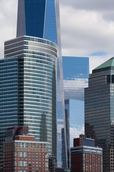 Detail of business buildings and modern skyscrapers in Manhattan, New York City.