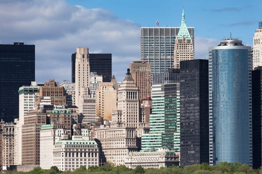 New York City Lower Manhattan cityscape and architecture detail during sunny spring day in NYC, USA.