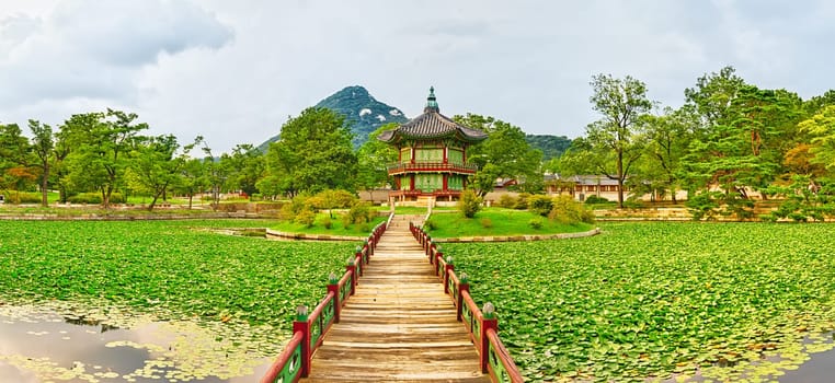 Hyangwonjeong Pavilion. Gyeongbokgung Palace. Seoul. South Korea. Panorama
