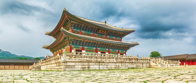 Geunjeongjeon, the main throne hall. Gyeongbokgung Palace. Seoul. South Korea. Panorama