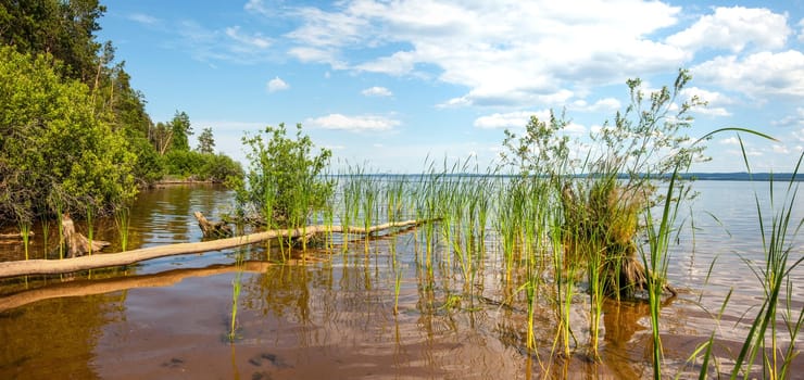 Panoramic view of the Kama river at summer sunny day. Panorama