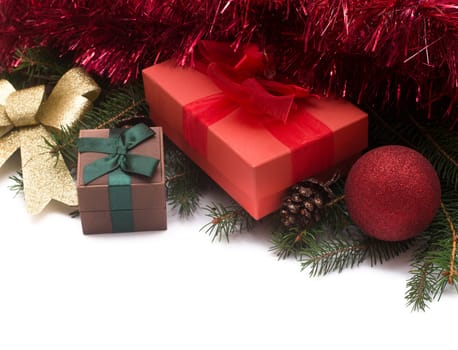 christmas gift boxes with decorations on white background
