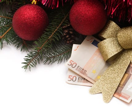 christmas gift box with euro money on white background