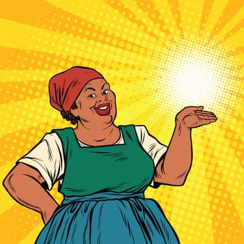 Retro woman African-American gesture promo, pop art retro vector illustration