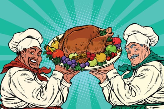 multi-ethnic chefs with roast Turkey, pop art retro vector illustration. Thanksgiving or Christmas dinner