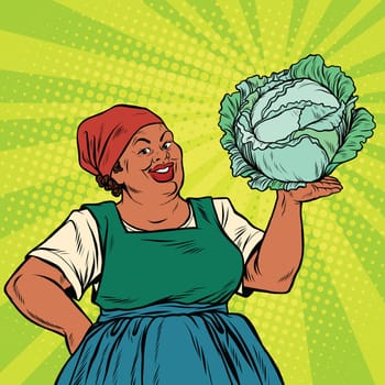 Retro old African-American woman with a head of cabbage, pop art retro vector illustration