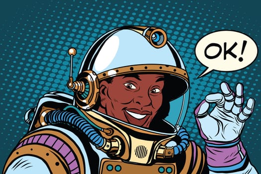African American astronaut OK gesture, pop art retro vector illustration. Space and scientific research. Okay all good