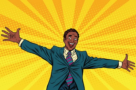 Happy African American businessman open hands for hugs, pop art retro vector illustration