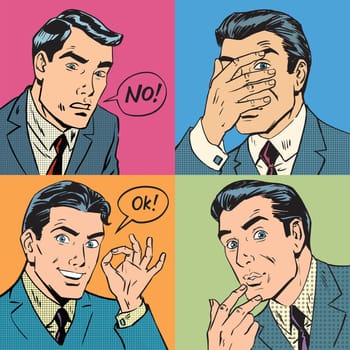 Set of four retro emotional businessman, pop art vector illustration. Fear, attention, okay and no