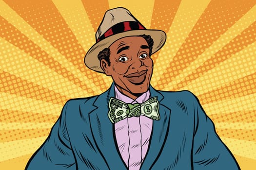 Retro African American businessman with dollar tie, pop art retro vector illustration