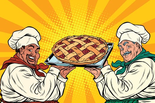 multi-ethnic chefs with berry pie, pop art retro vector illustration