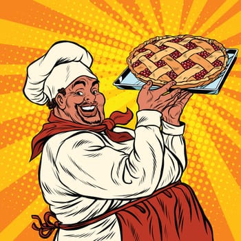 African American or Latino cook with a berry pie, pop art retro vector illustration