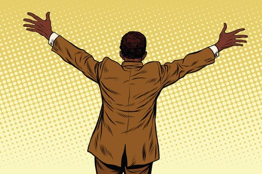 Back African American businessman open hands for hugs, pop art retro vector illustration