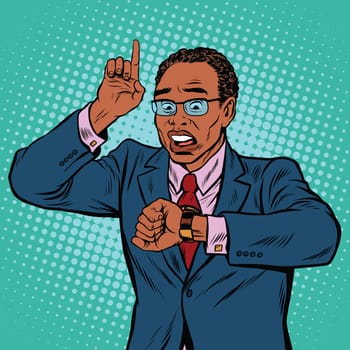 African American businessman looking at wrist watch, pop art retro vector illustration