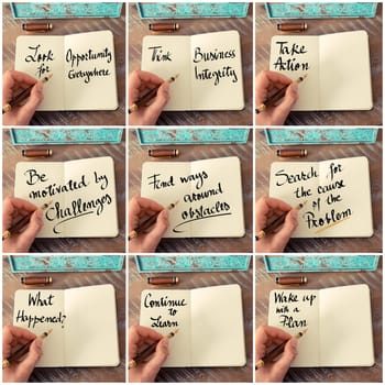 Photo collage of handwritten business motivational messages. Retro effect and toned image of a woman hand writing a note with fountain pen on a notebook as business concept image.