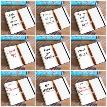 Photo collage of handwritten business motivational message with fountain pen on notebook as business concept image