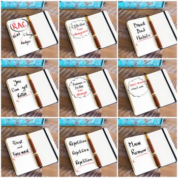 Photo collage of handwritten business motivational message with fountain pen on notebook as business concept image