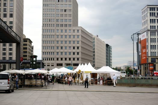 Berlin,Germany – June 21,2016: Food stalls in front of the Beisheim Center at Potsdamer Platz in front of the subway station on June 21,2016 in Berlin.