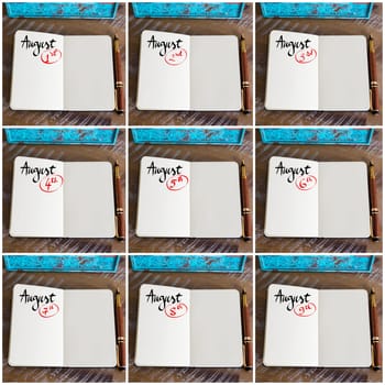 Photo collage of days 1st to 9th of month August handwritten with fountain pen on a notebook