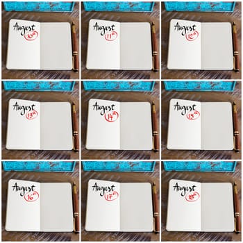 Photo collage of days 10th to the 18th of month August handwritten with fountain pen on a notebook