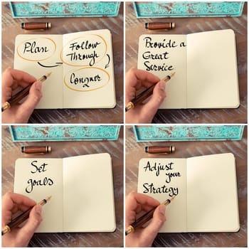 Photo collage of handwritten business motivational messages. Retro effect and toned image of a woman hand writing a note with fountain pen on a notebook as business concept image.
