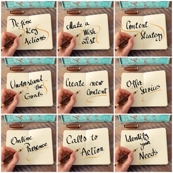 Photo collage of handwritten business motivational messages. Retro effect and toned image of a woman hand writing a note with fountain pen on a notebook as business concept image.