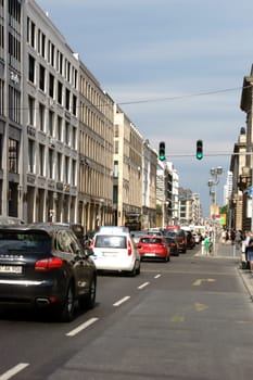 Berlin,Germany - June 21,2016: Road traffic and traffic jams at a traffic light intersection on Potsdamer Straße at Leipziger Platz on June 21,2016 in Berlin.