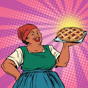 Retro old female African-American berry pie, pop art retro vector illustration