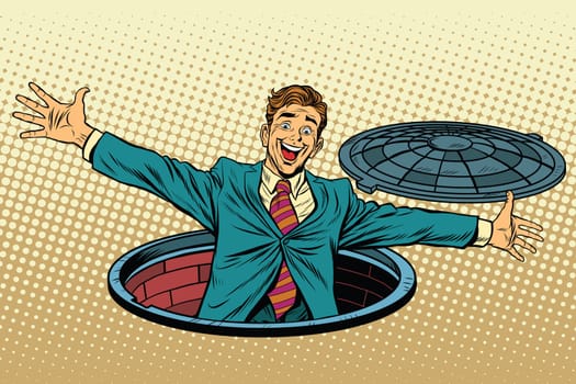 joyful man in the manhole. pop art retro vector illustration