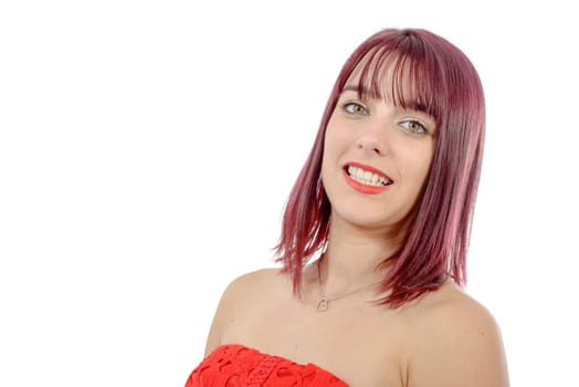 portrait of a beautiful young woman with green eyes isolated on white background