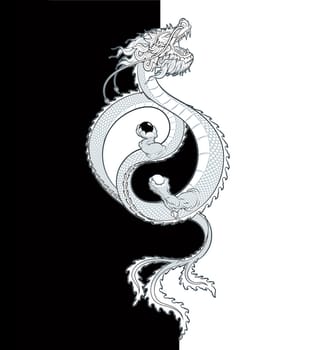 Vector Illustration of a flying Oriental Dragon holding two spheres, shaping the Yin-Yang symbol. All elements neatly on layers and groups.
