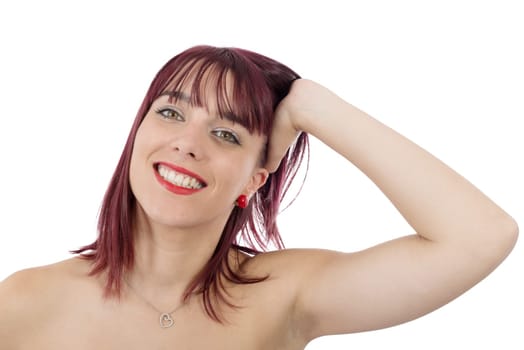 portrait of a beautiful young woman with green eyes isolated on white background