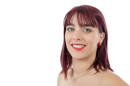 portrait of a beautiful young woman with green eyes isolated on white background