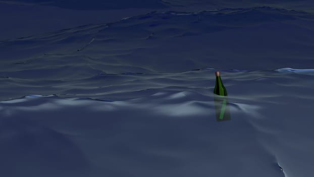 green bottle with note in night ocean storm
