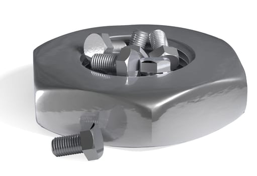 small bolts and big nut on white 3d render