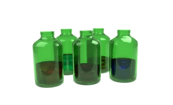 Medical set of green bottles with color mixtures