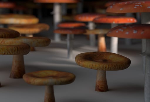 Set of mushrooms on white ground with sunlight 3d render