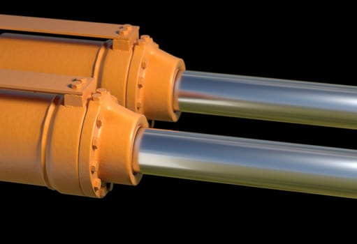 yellow hydraulic pistons with bolt and nut 3d render