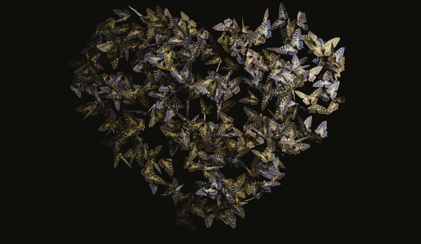 Heart shaped by flying butterfly on black