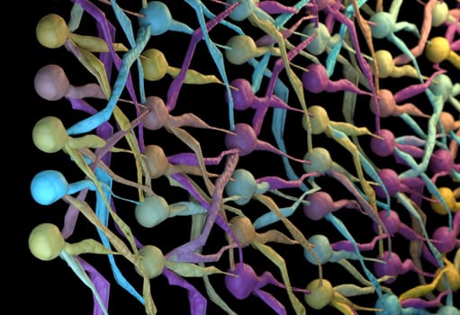 Artifical neuron cells net with links. 3D render.