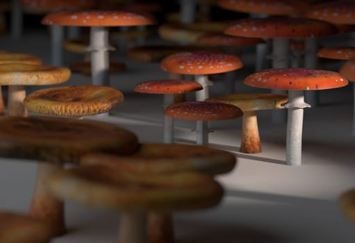 Set of mushrooms on white ground with sunlight 3d render