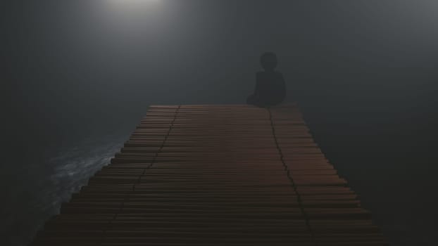 black man figure sitting on seaside bridge