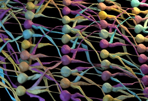 Artifical neuron cells net with links. 3D render.