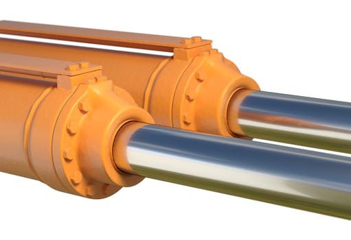yellow hydraulic pistons with bolt and nut on white 3d render