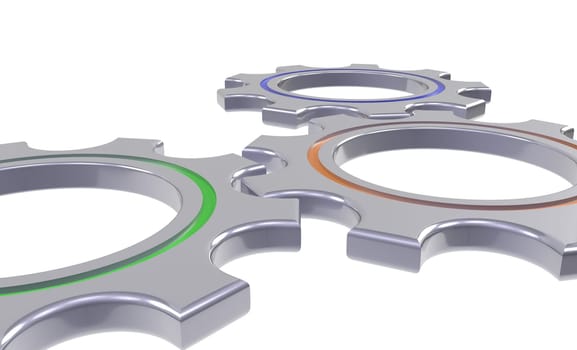 three metal gear wheel with blue green and orange circles - 3d render