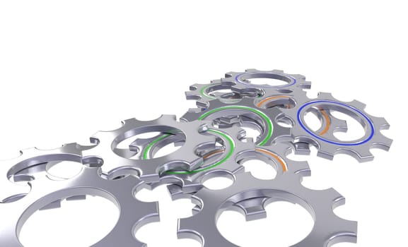 set of metal gear wheel with orange circle - 3d render
